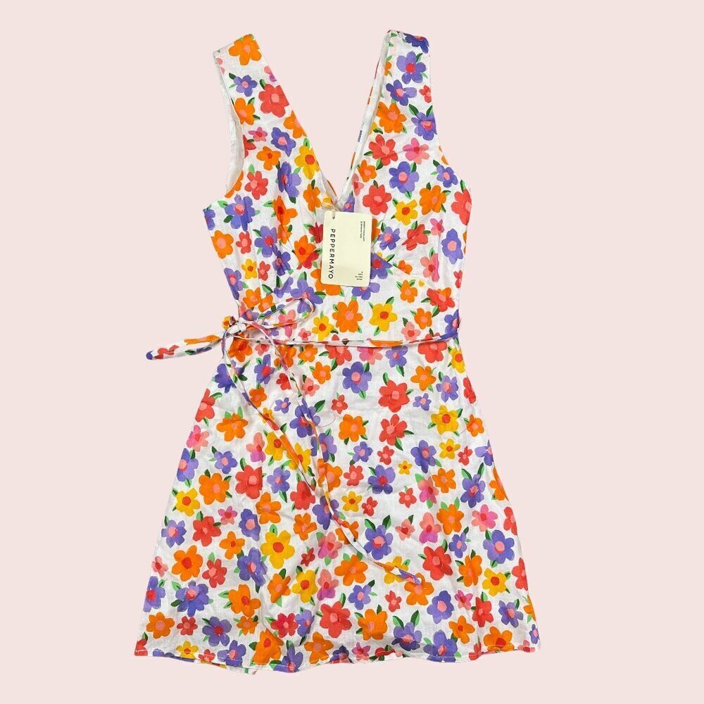 Peppermayo NWT Monday Margs Linen Wrap Mini Dress Floral V-Neck Women's Size 0